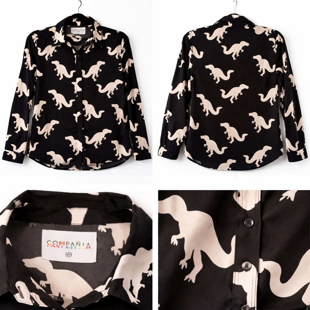 🦖 Compañía Fantástica Dinosaur Print Button-Up Blouse – Size Medium
